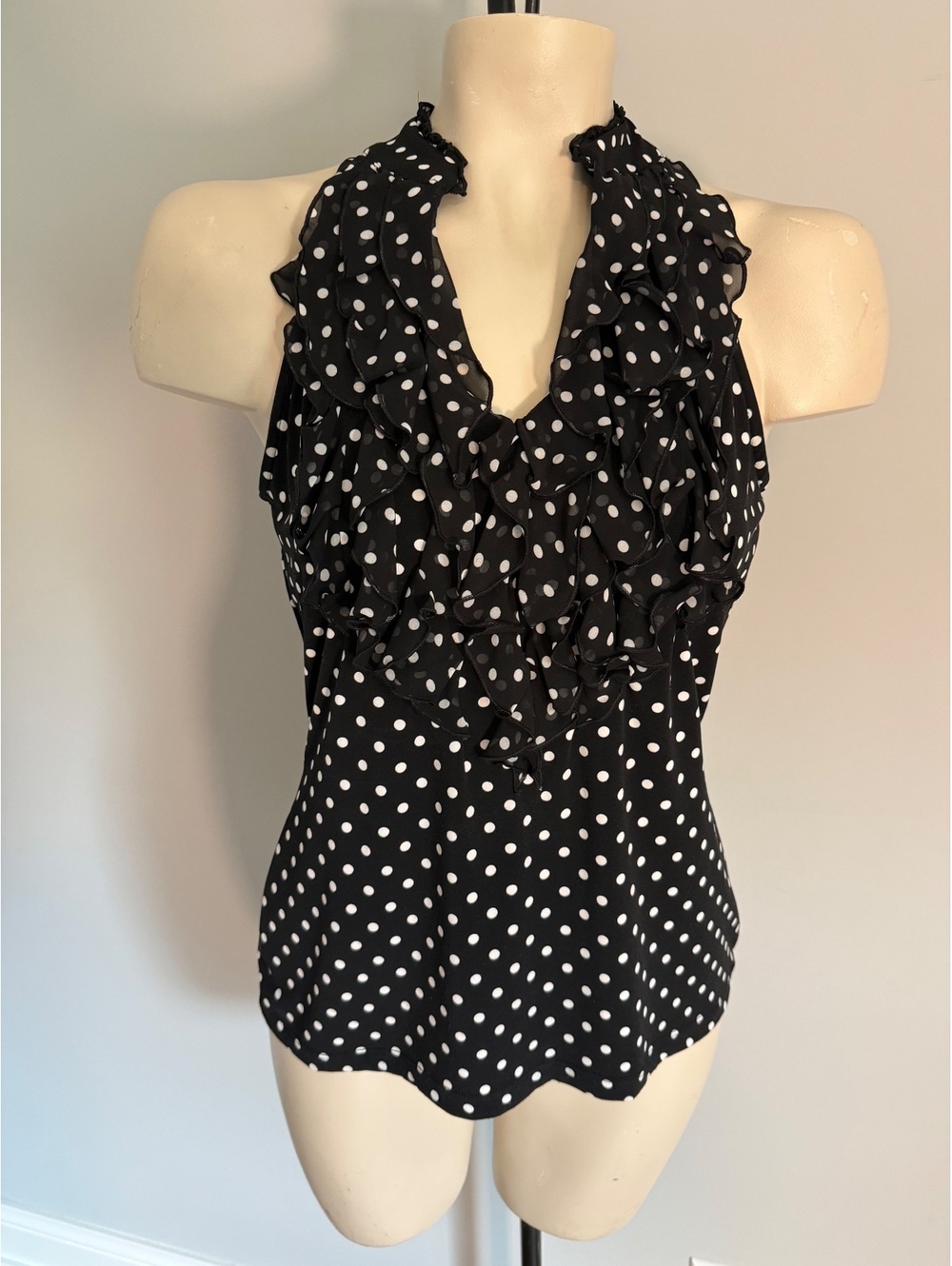 White House Black Market Signature Knits Black and White Polka Dot Ruffled Tank
